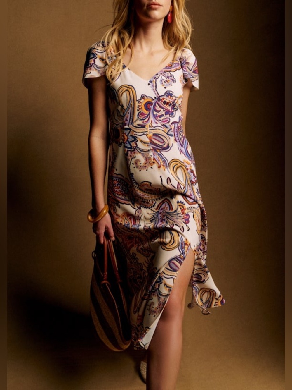 Sezane Alessia Paisley Midi Dress Flutter Sleeves Cream Purple Gold Size 40 US L